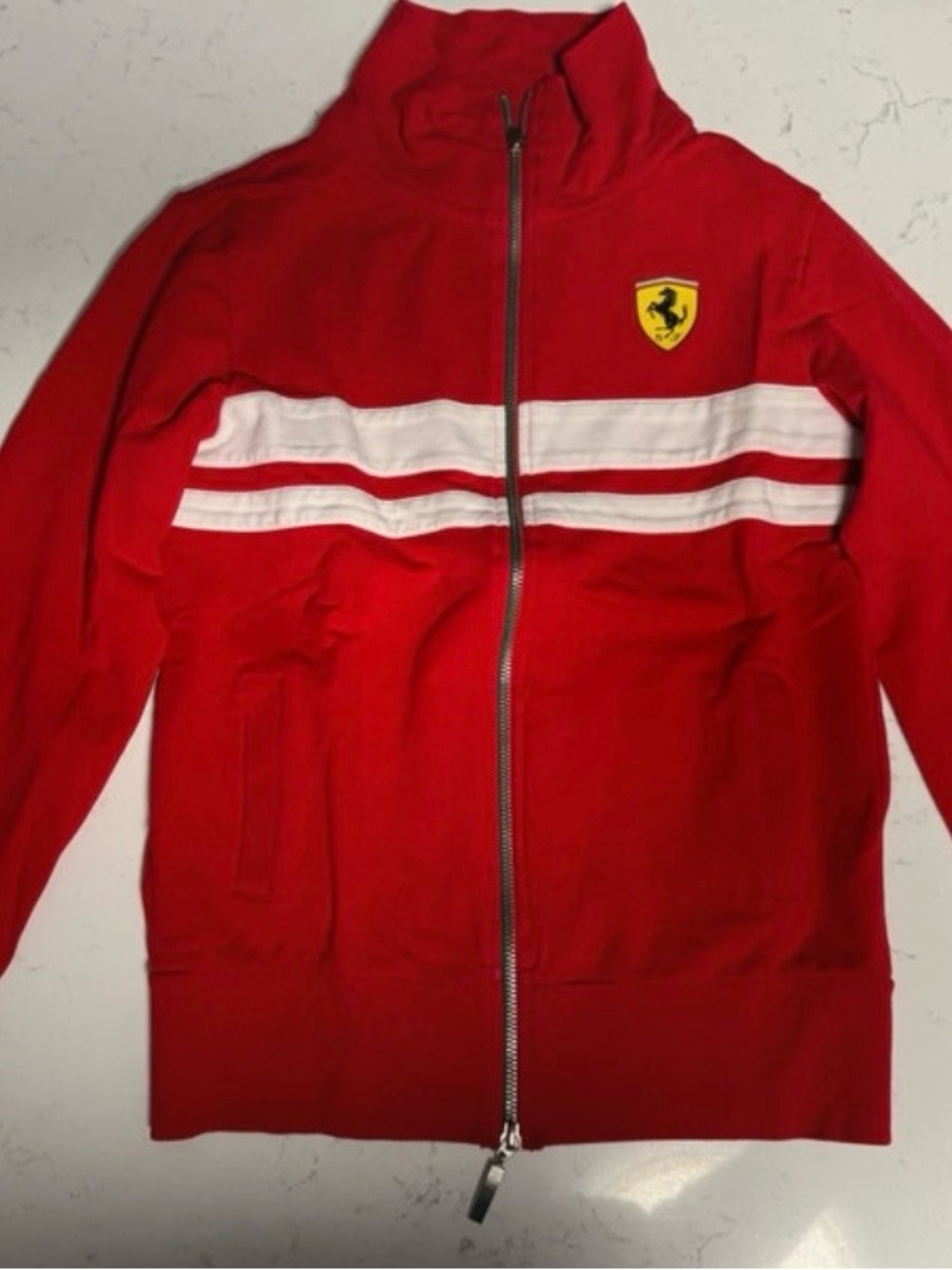 Ferrari Red Jacket with White Double Stripes and Shield Patch
